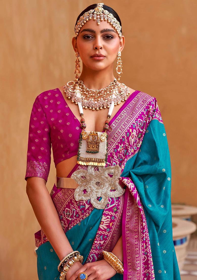 Sky Blue Embroidered Silk Saree Set